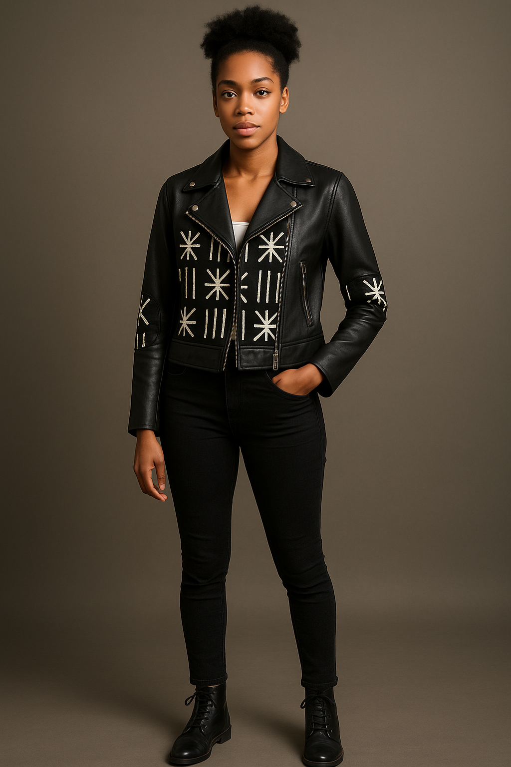 Black Leather Biker Jacket with Tribal Ankara Panels
