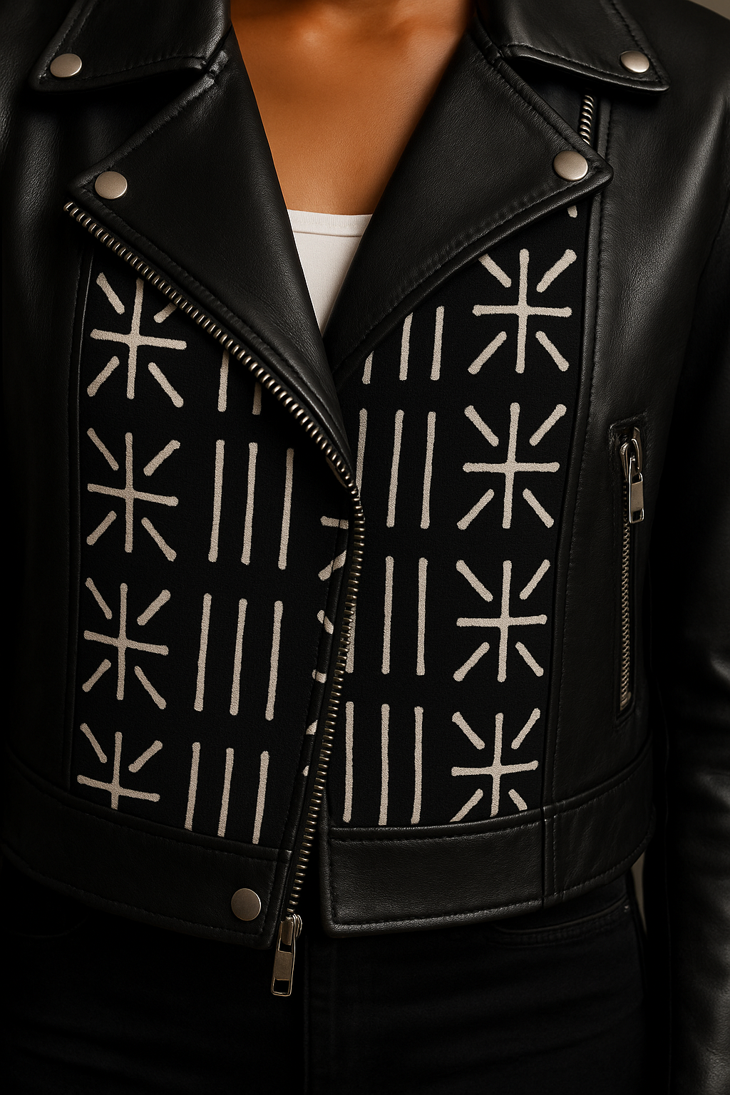 Black Leather Biker Jacket with Tribal Ankara Panels