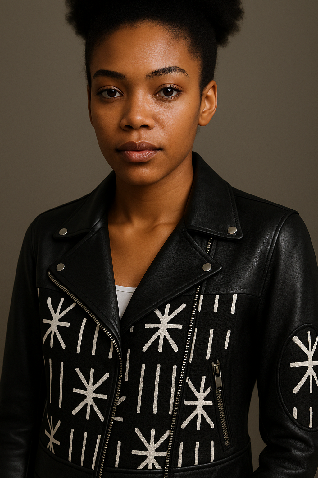 Black Leather Biker Jacket with Tribal Ankara Panels