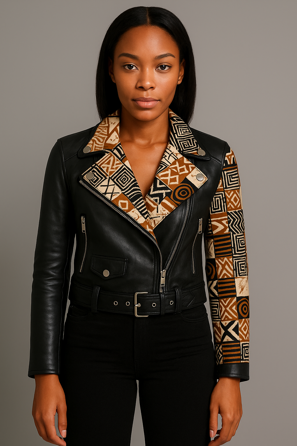 Black Leather Biker Jacket with Brown Tribal Ankara Collar & Belt
