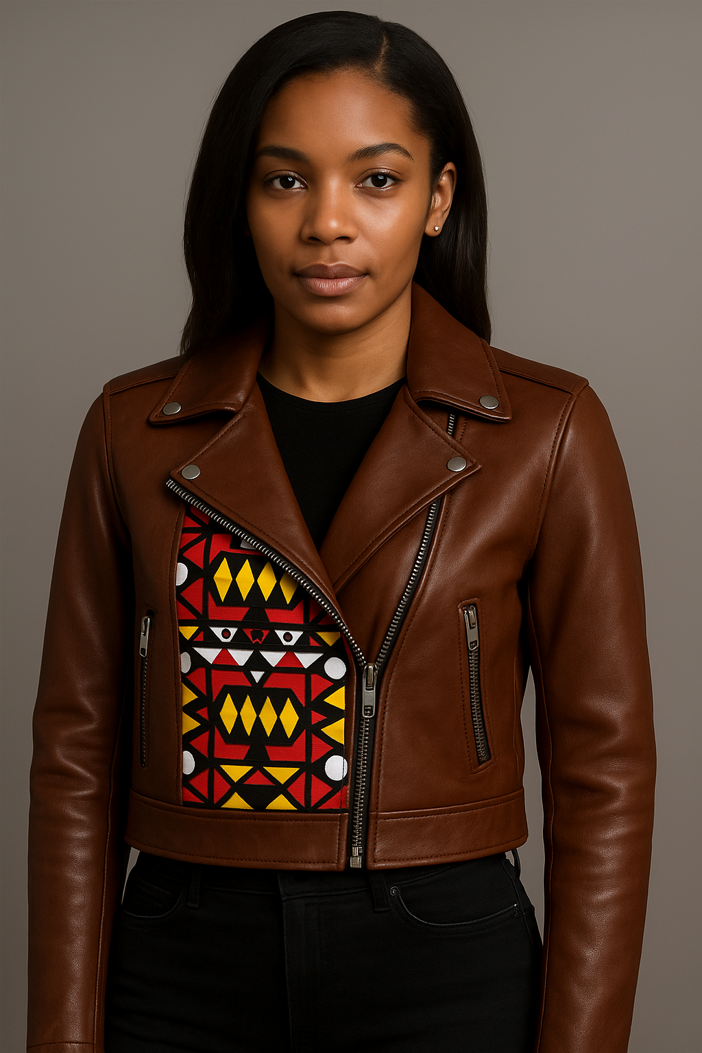 Brown Leather Biker Jacket with Tribal Ankara Print Detail