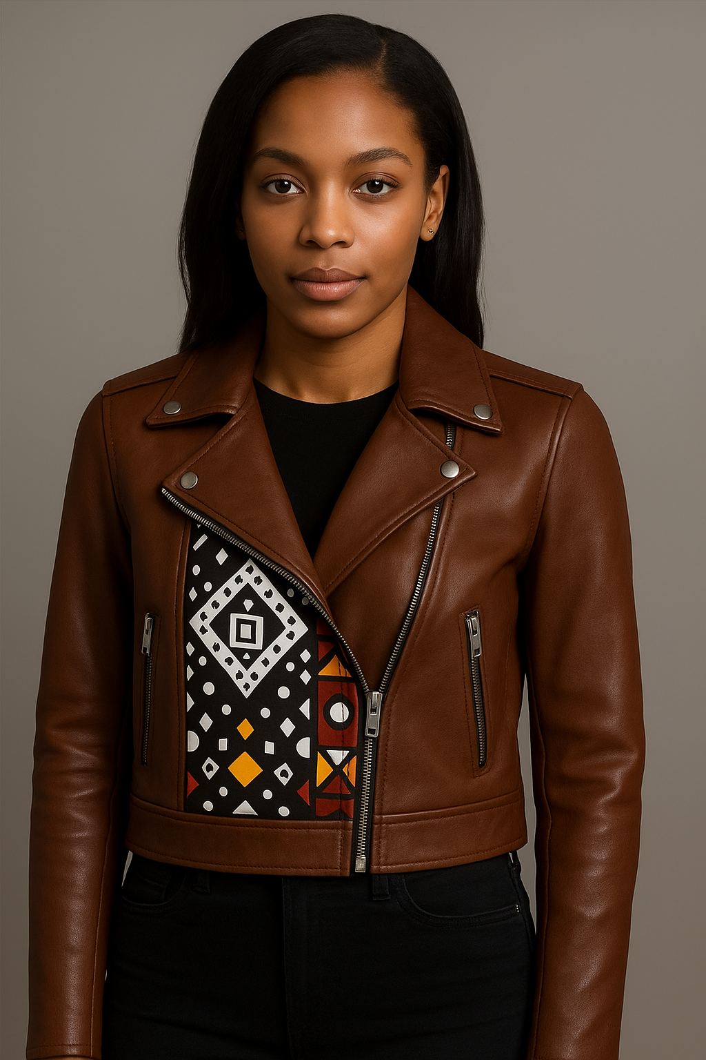 Brown Leather Biker Jacket with Tribal Ankara Print Detail