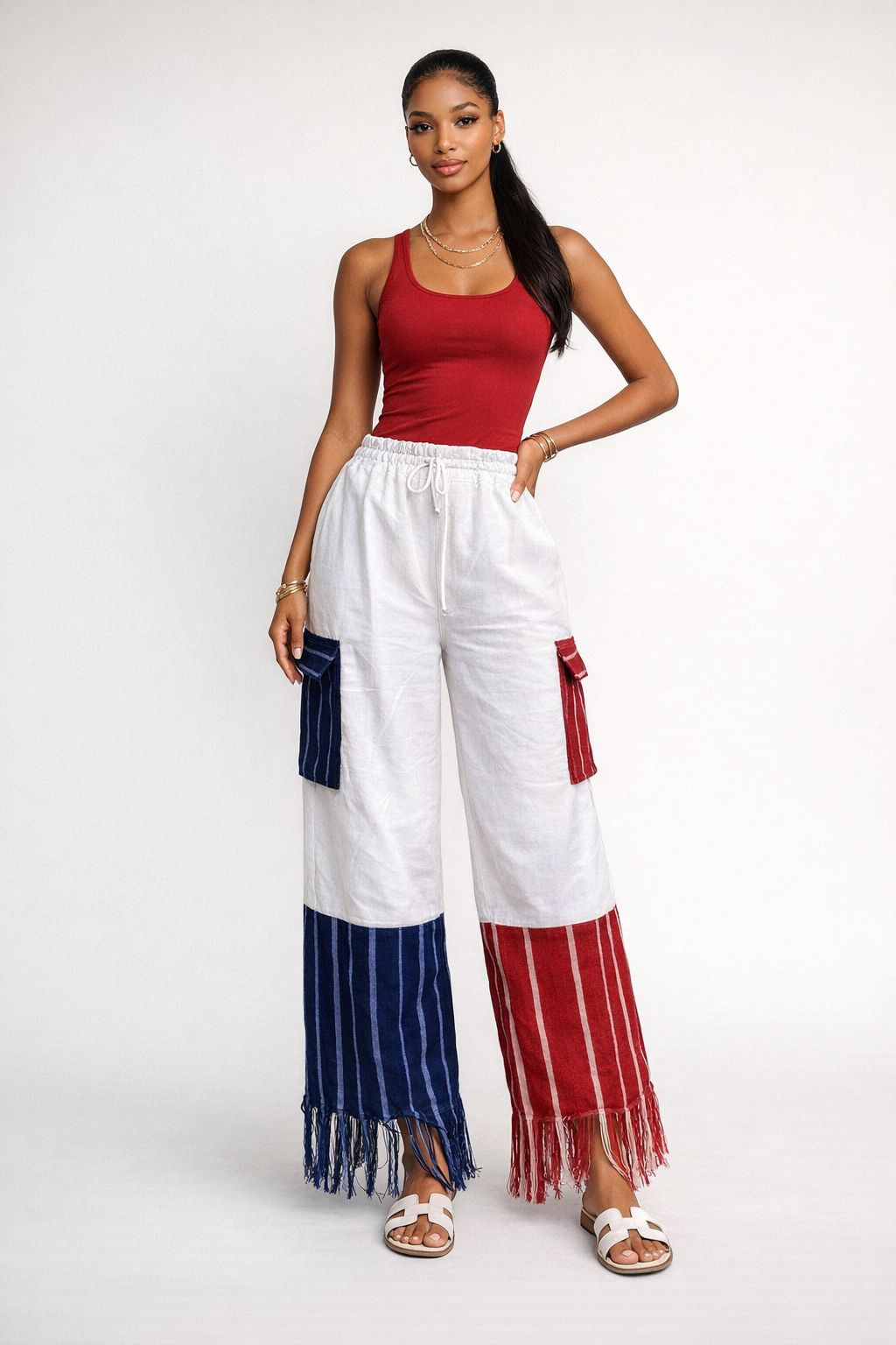 KITAN White Linen & Aso-Oke Wide-Leg Trousers