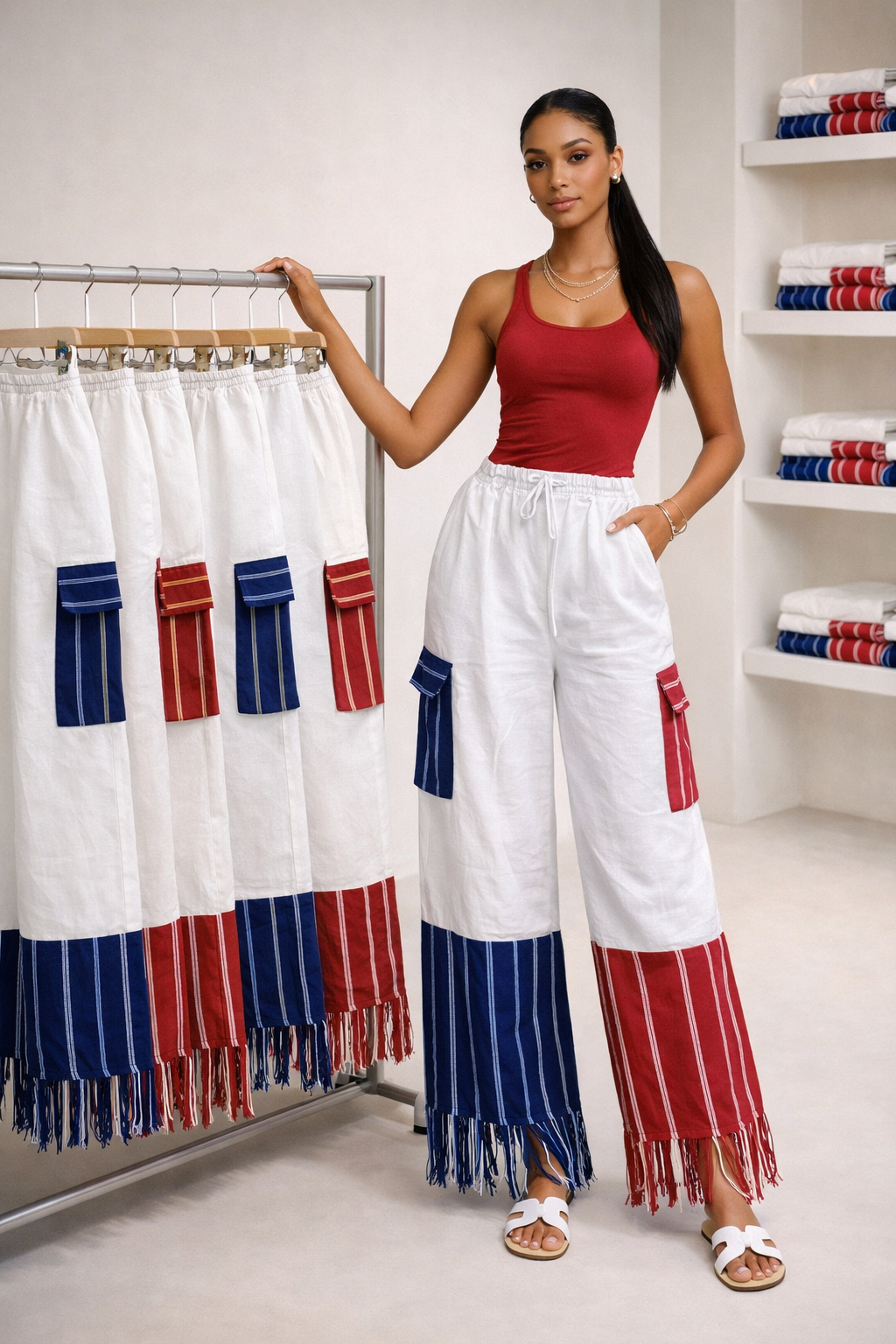 KITAN White Linen & Aso-Oke Wide-Leg Trousers