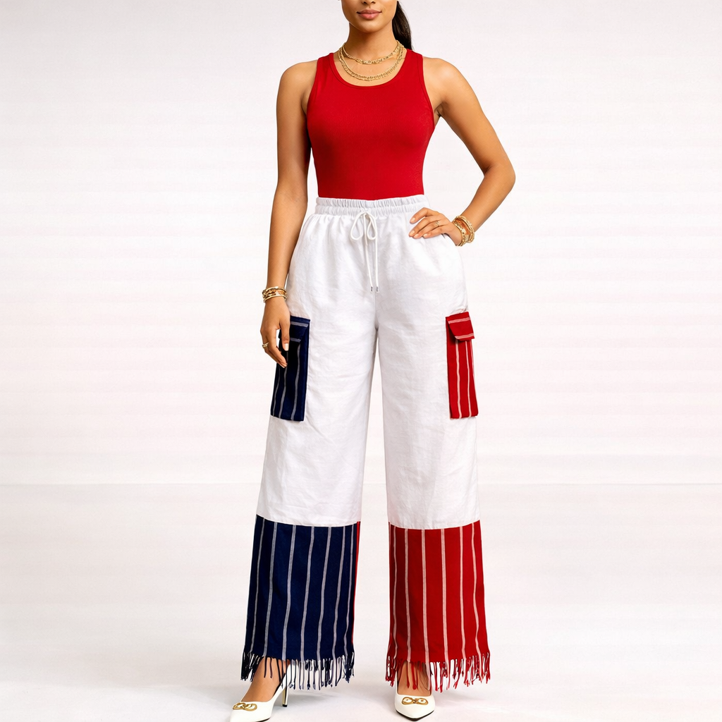 KITAN White Linen & Aso-Oke Wide-Leg Trousers