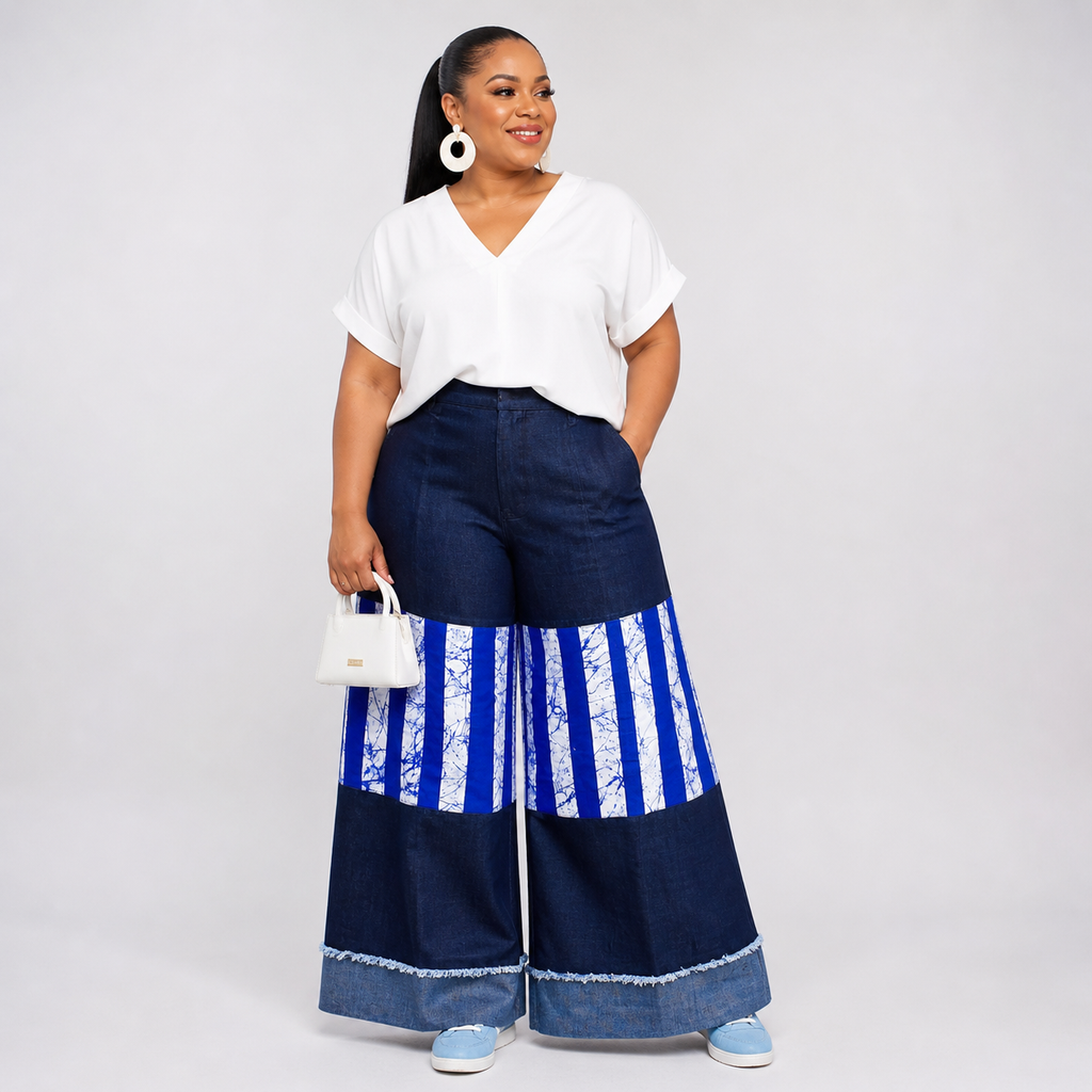 AYO Denim & Ankara Wide-Leg Trousers