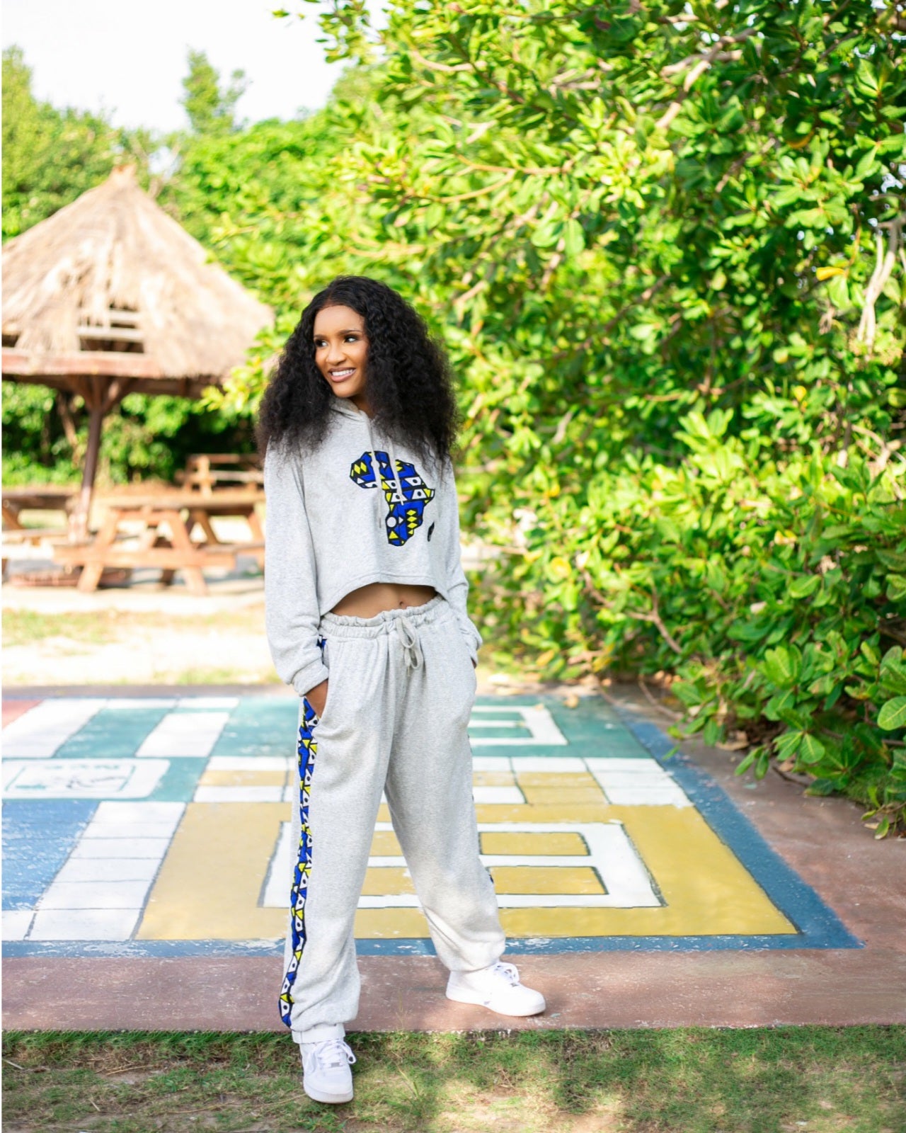 Grey Crop Hoodie &amp; Joggers Set with Ankara Details – Afrocentric Loungewear