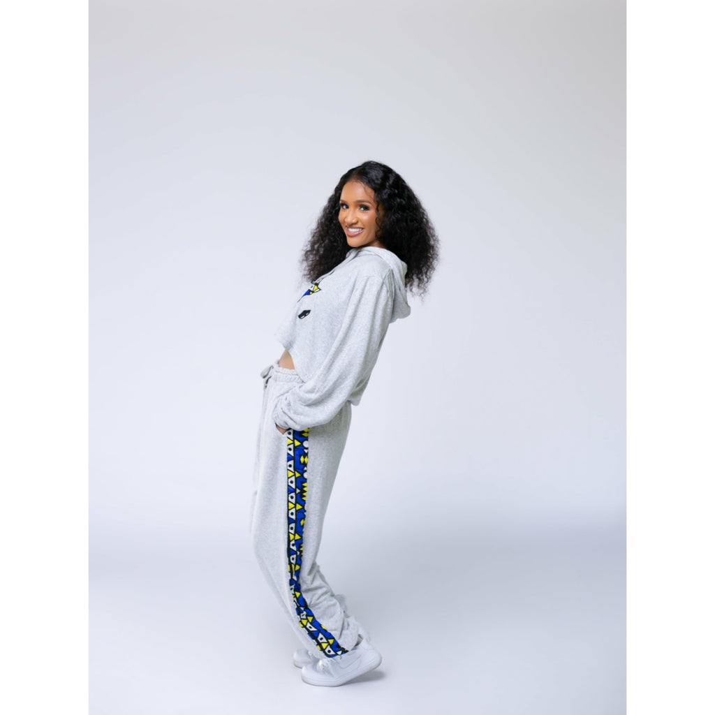 Grey Crop Hoodie &amp; Joggers Set with Ankara Details – Afrocentric Loungewear