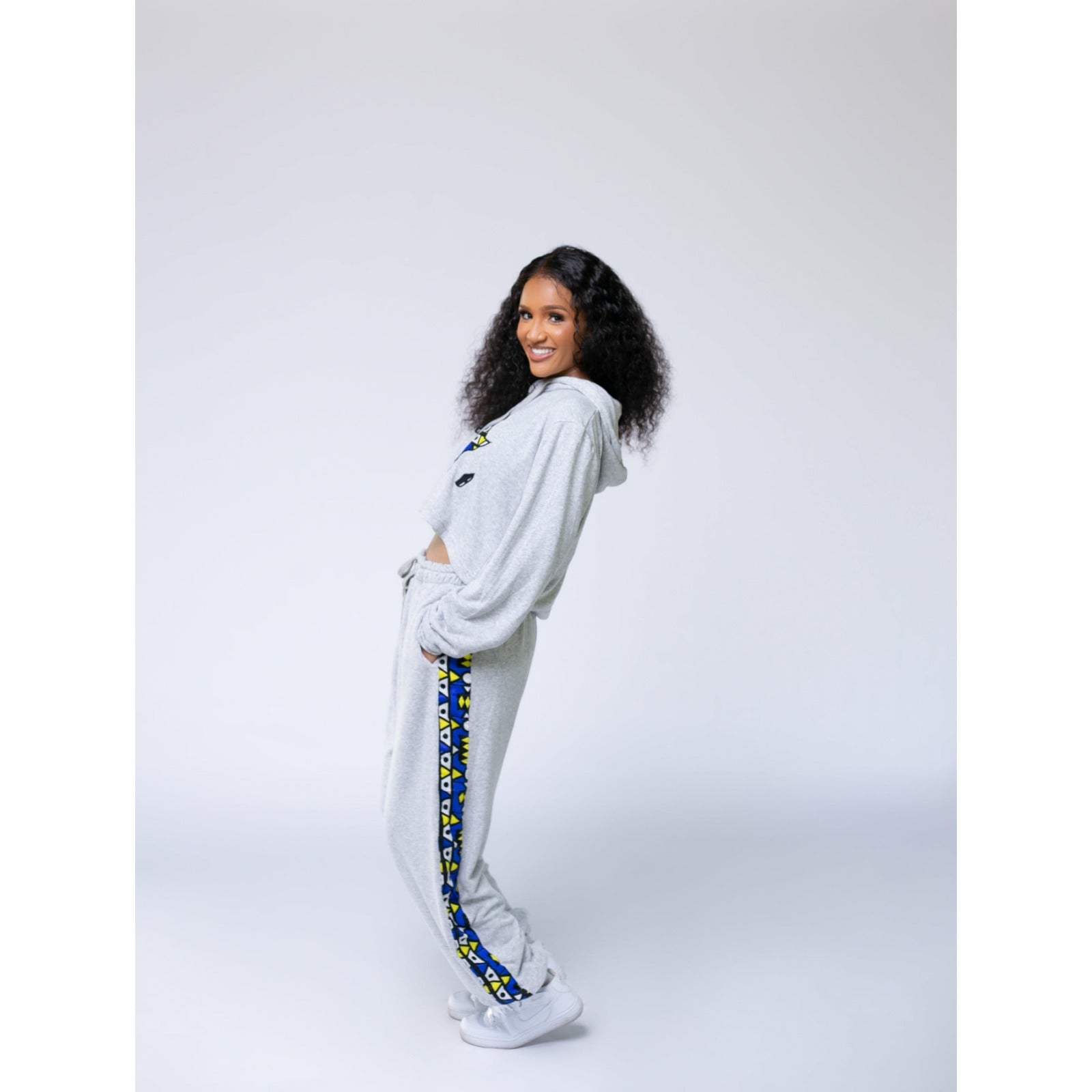 Grey Crop Hoodie &amp; Joggers Set with Ankara Details – Afrocentric Loungewear