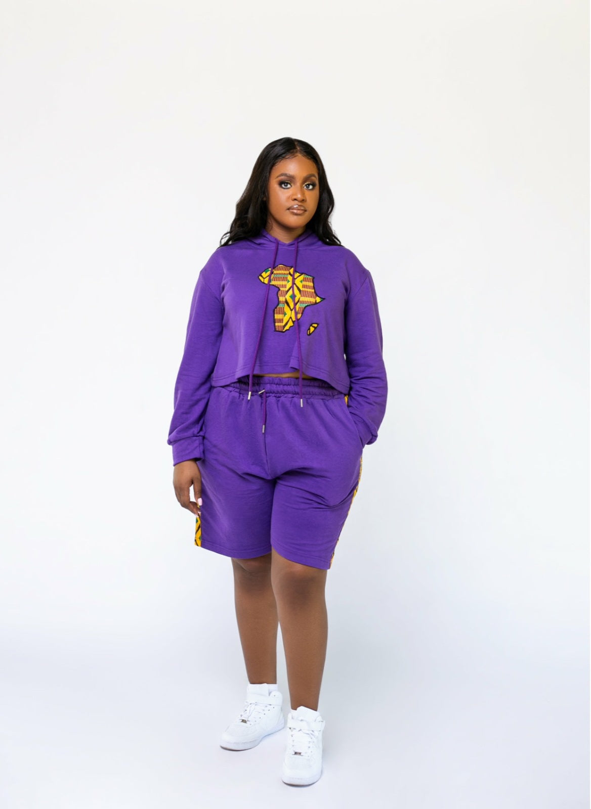 African Map Ankara Hoodie & Shorts Set – Purple