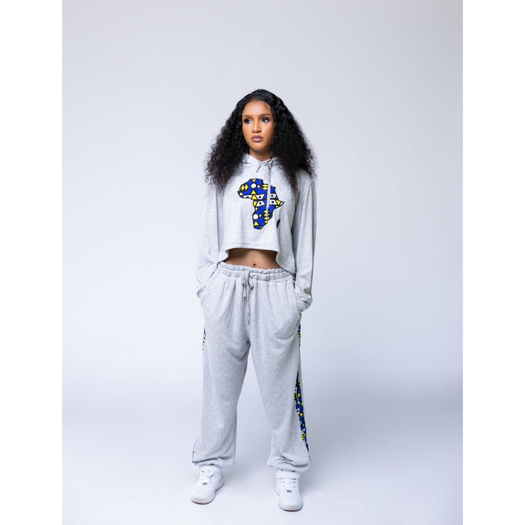 Grey Crop Hoodie &amp; Joggers Set with Ankara Details – Afrocentric Loungewear