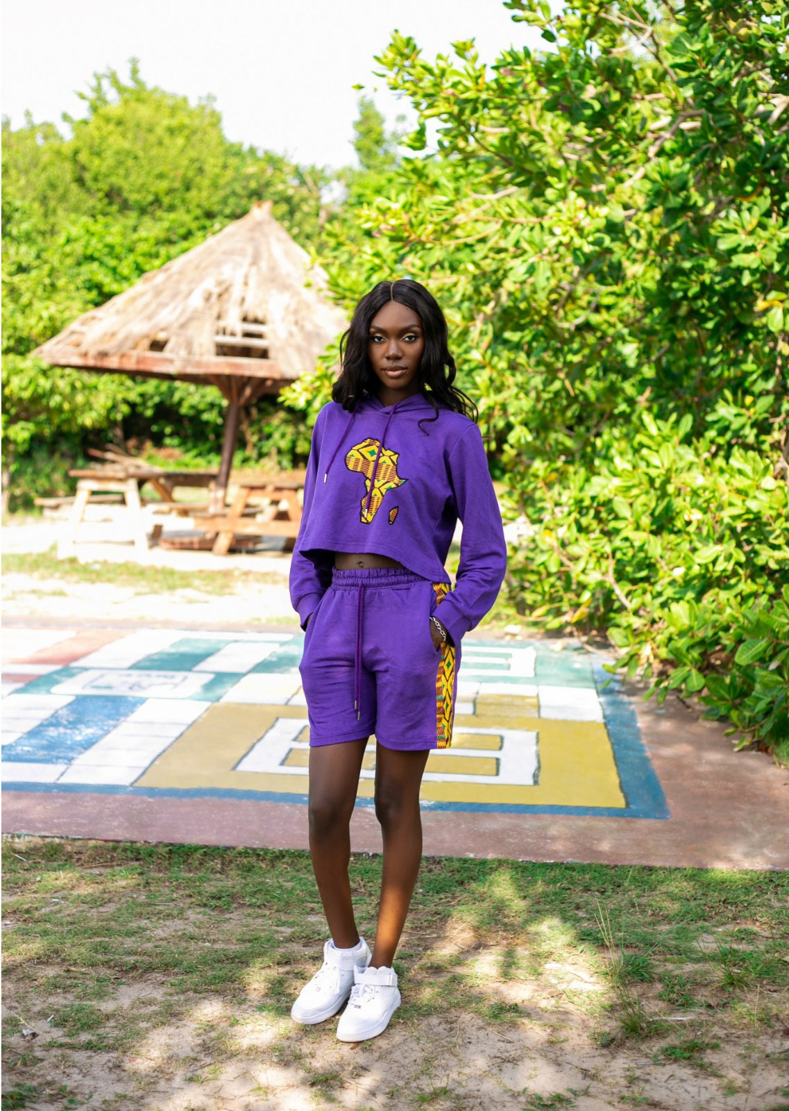 African Map Ankara Hoodie & Shorts Set – Purple