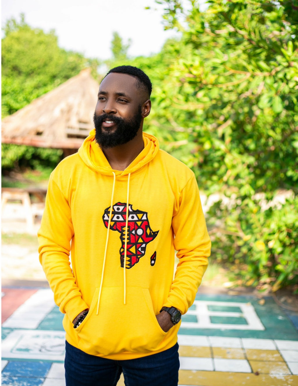 Yellow Hoodie with Ankara African Map – Afrocentric Streetwear