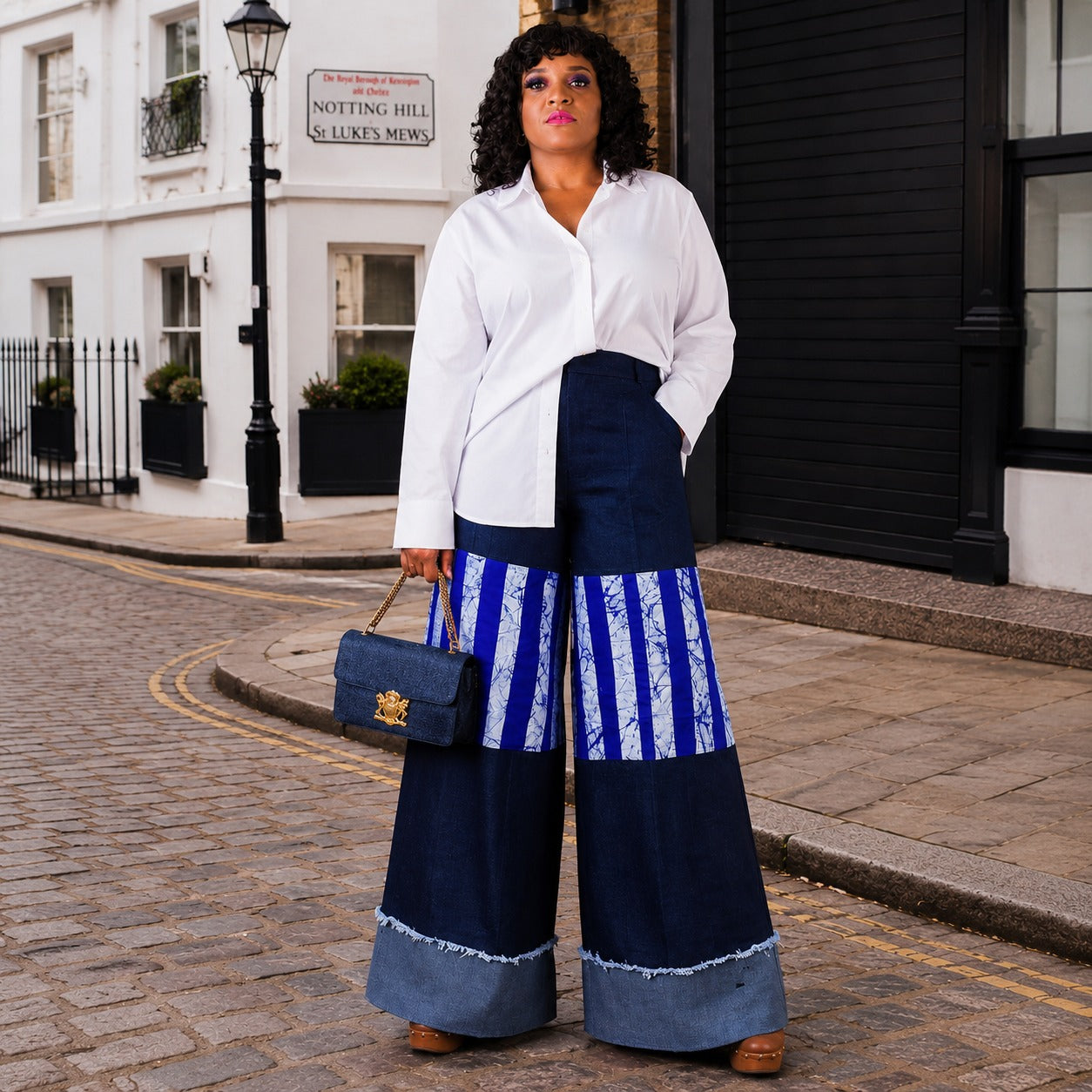 AYO Denim & Ankara Wide-Leg Trousers