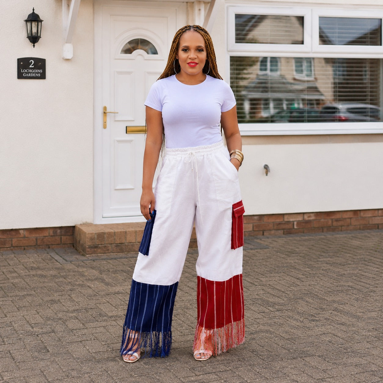 KITAN White Linen & Aso-Oke Wide-Leg Trousers